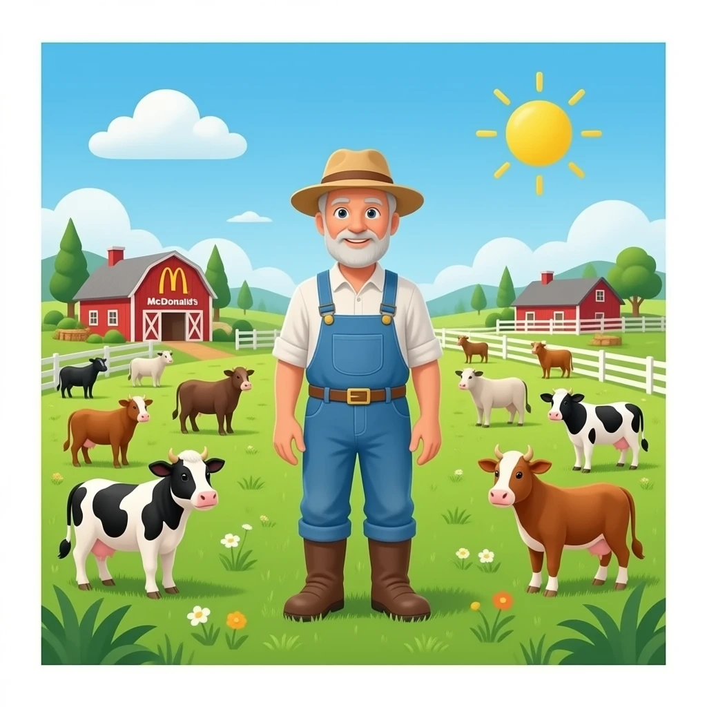 Le vieux McDonald en arrière-plan. À la ferme, de nombreux animaux et un vieux fermier. emoji