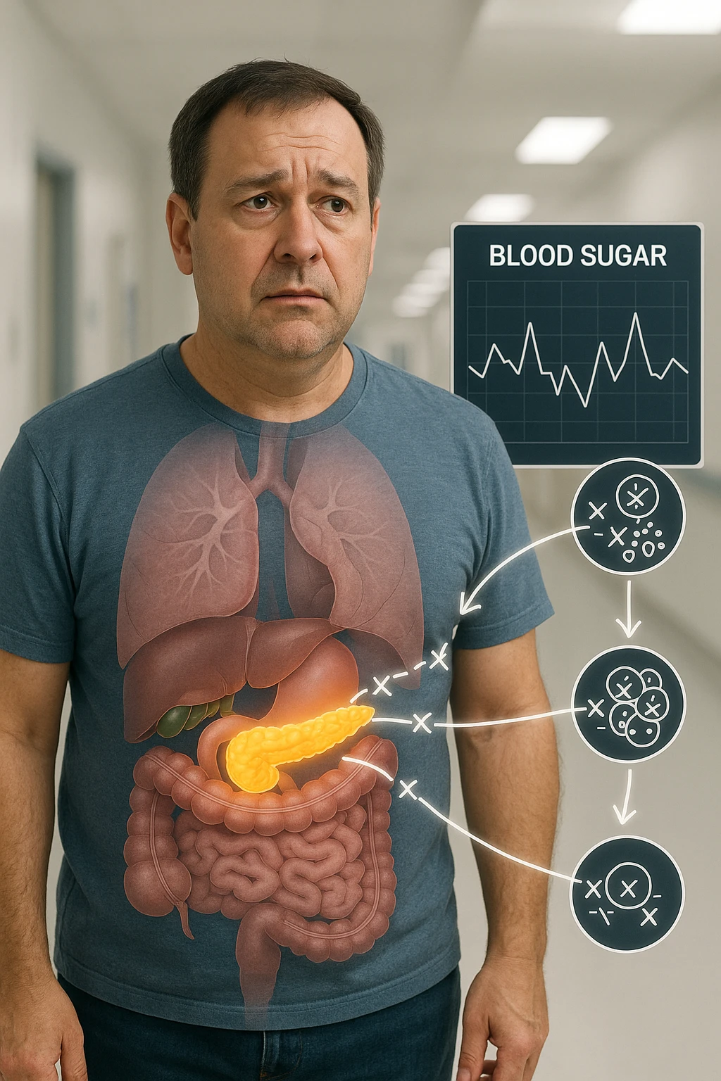 a middle-aged man stands in a clinical setting, with a semi-transparent overlay showing his internal organs. His pancreas is highlighted, and glowing lines or icons indicate disrupted insulin signaling between the pancreas and muscle or fat cells. The man’s expression is slightly concerned, and a digital chart beside him displays fluctuating blood sugar levels. The lighting is realistic, with a clean, modern medical background. emoji
