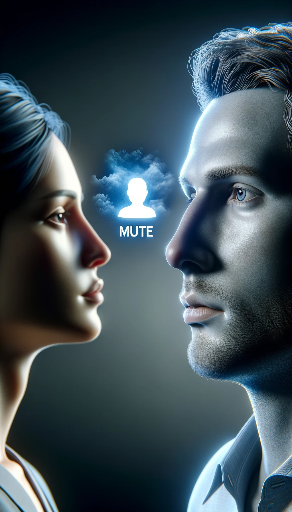 una persona parla ma sopra di lui c'è il simbolo "muto", un altra persona lo ascolta, immagine iperrealistica 4k emoji