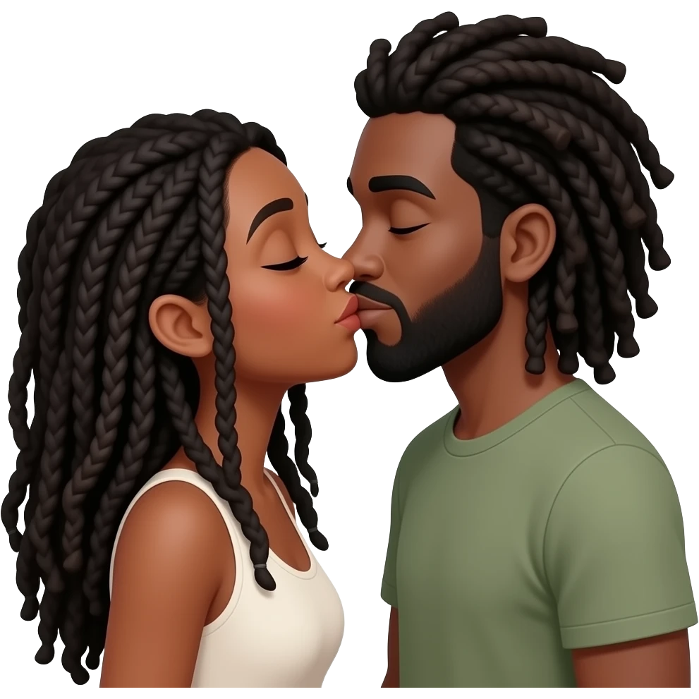 Brown skin woman with long black dreadlocs kissing light brown skin black man with long black dreadlocks emoji