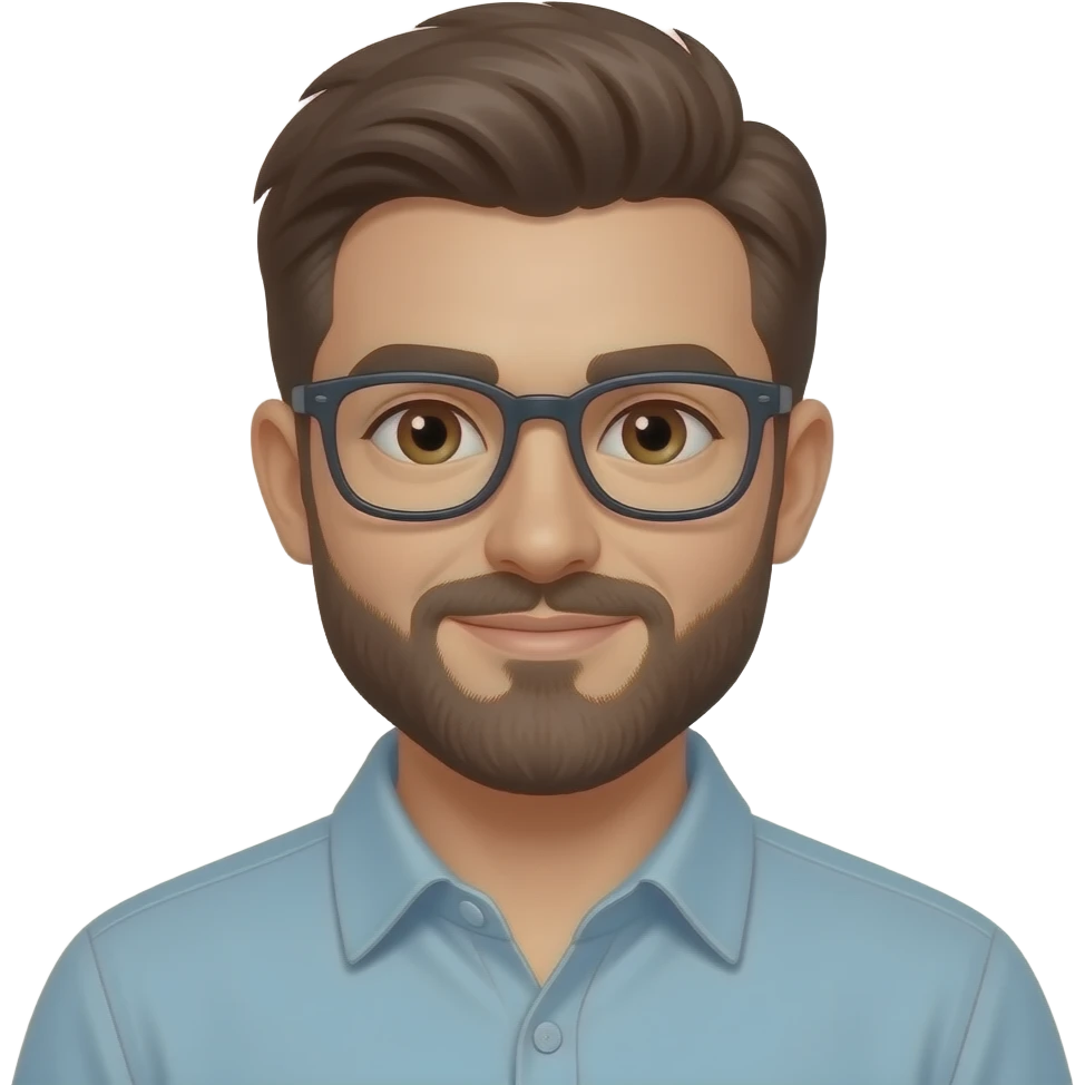 Lovely man with short brown hair and beard and glasses with brown eyes with warm eyes and a pure heart emoji