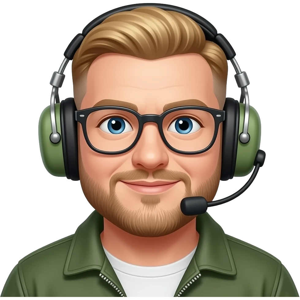 chubby blonde guy, skin fade buzz cut, short beard, aviation glasses, aviatior headset emoji
