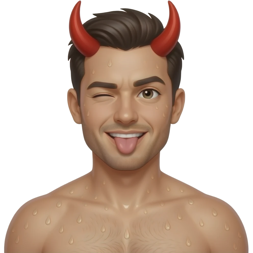 Ein attraktiver Mann mit roten Hörnern und mit nackten Oberkörper, sein Haut verschwitzter und glänzender. Sein Blick ist frech und lasziven mit einem zugekniffen Auge und rausgestreckter Zunge emoji