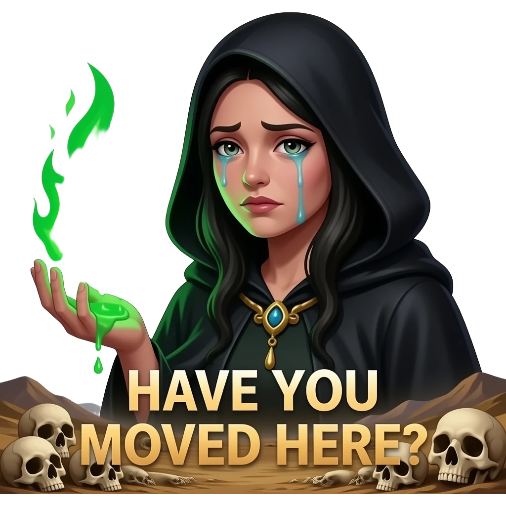 A dark sorcerer’s evil woman is crying expression, she is hand holding a WhatsApp logo burning with green magical flames, liquid creams, texts bold font on below: 'HAVE YOU MOVED HERE?', cinematic lighting, high-contrast emoji, disgusting, dead, valley of head bones in background emoji