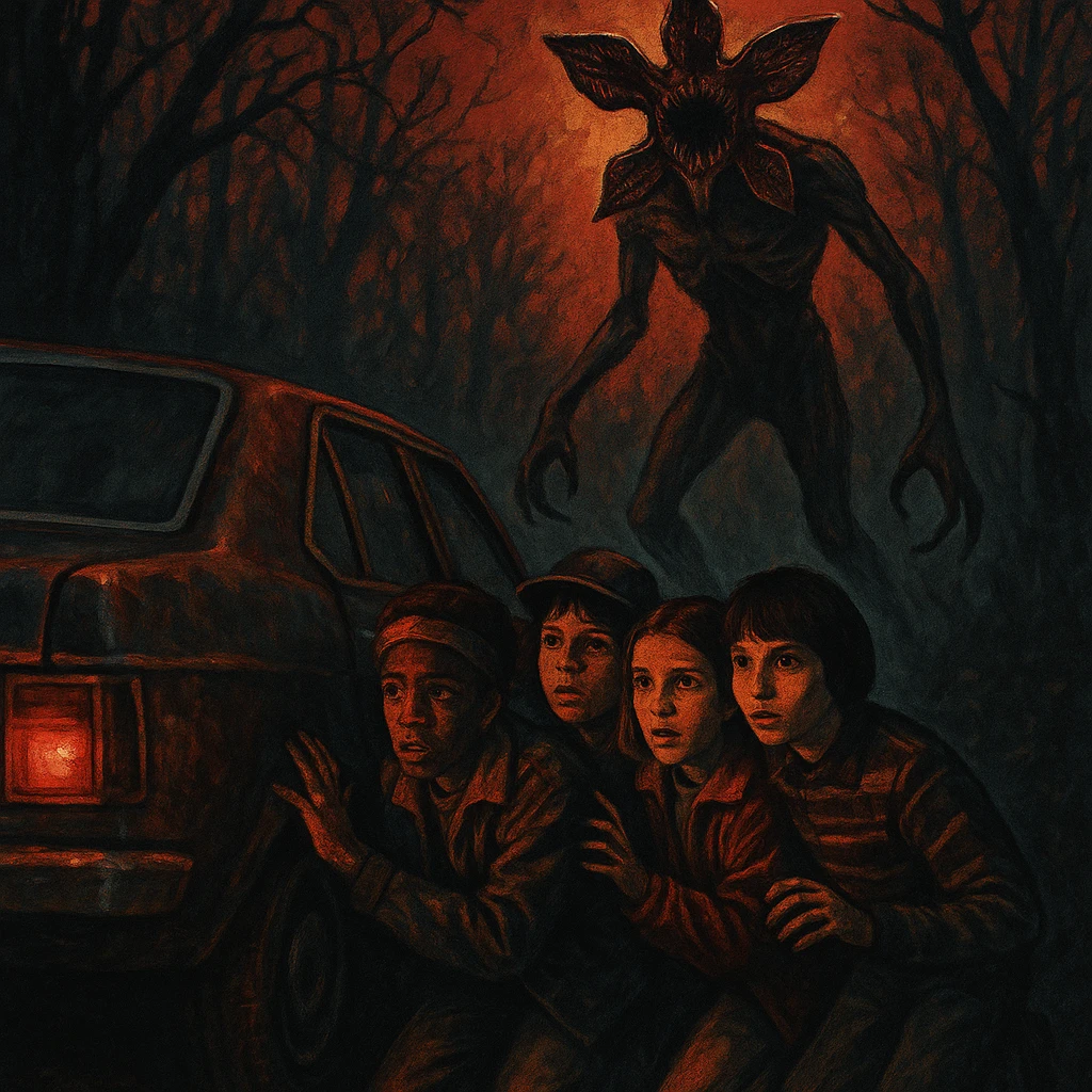 Stranger Things series horror poster style, the kids hiding behind a car as the Demogorgon stalks nearby emoji