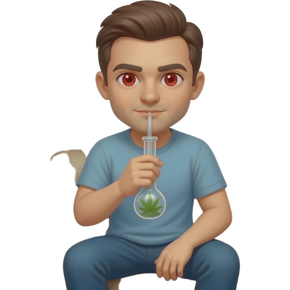 A man smoking weed in bong and his eyes is full red and he is sitting on the couch emoji
