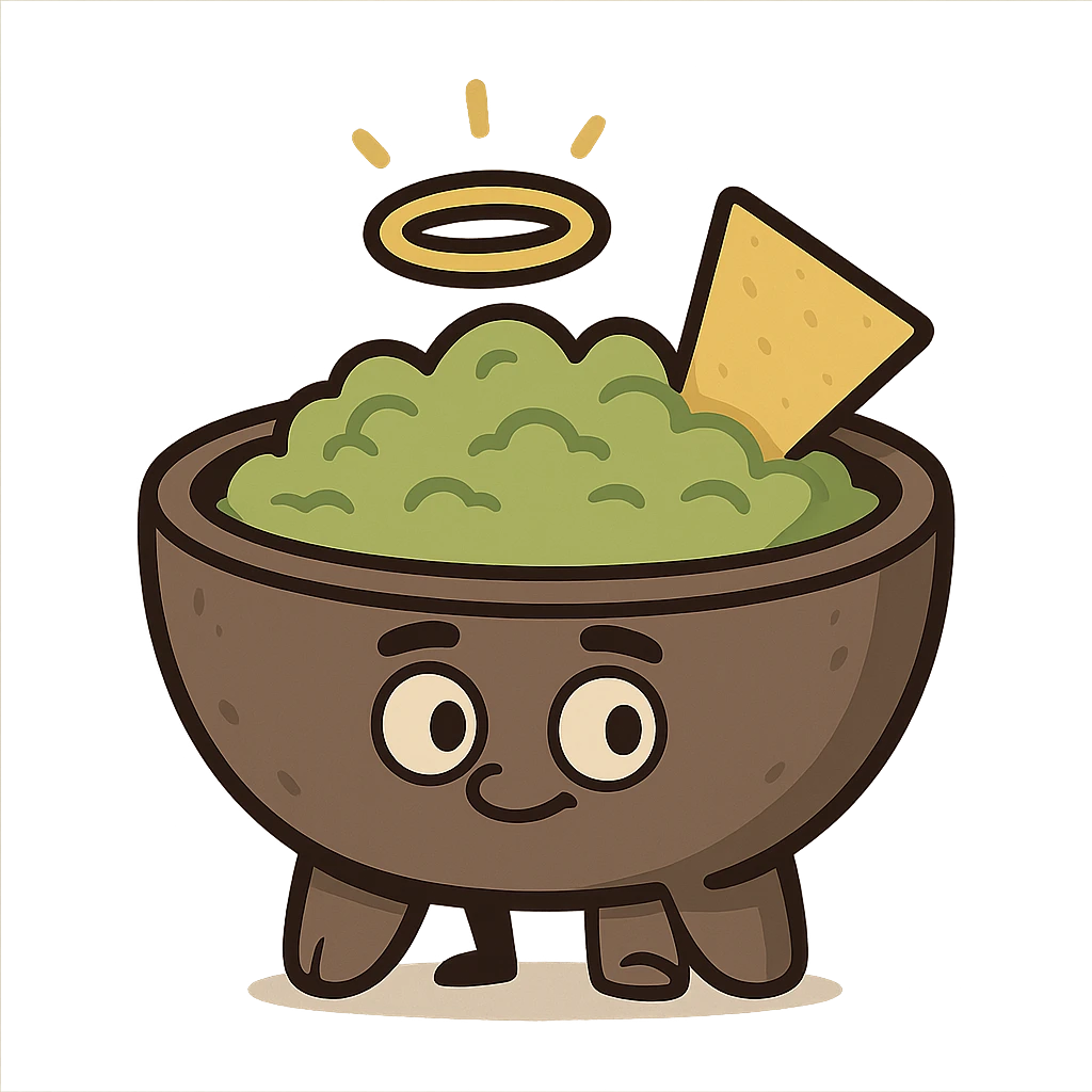 cartoon guacamole bowl with a glowing halo emoji