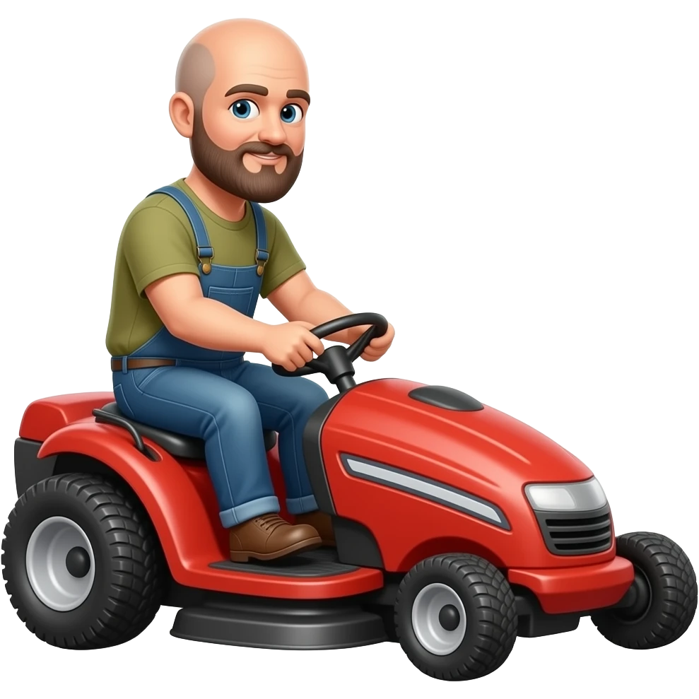 bald man with four inch beard riding on a stand-on mower not push mower emoji