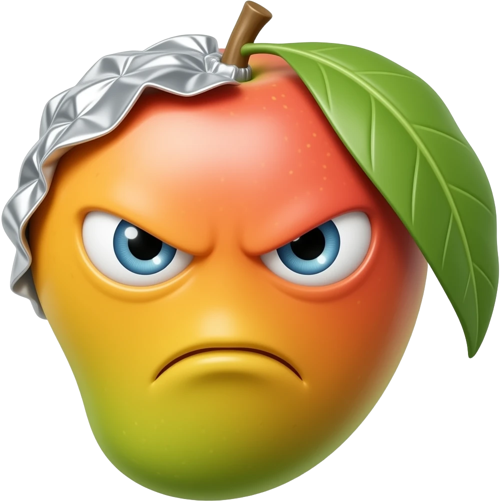 Mango with one eye in foil cap stares menacingly emoji