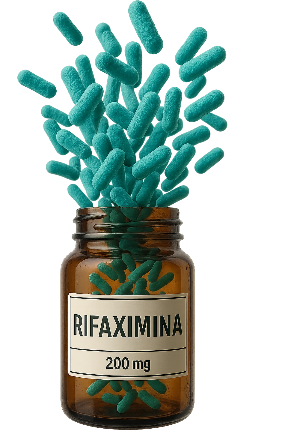 barattolo di medicinale con la scritta "rifaximina" sull'etichetta fluttua in aria, da dentro al barattolo escono batteri intestinali turchesi, iperrealistico 4k emoji