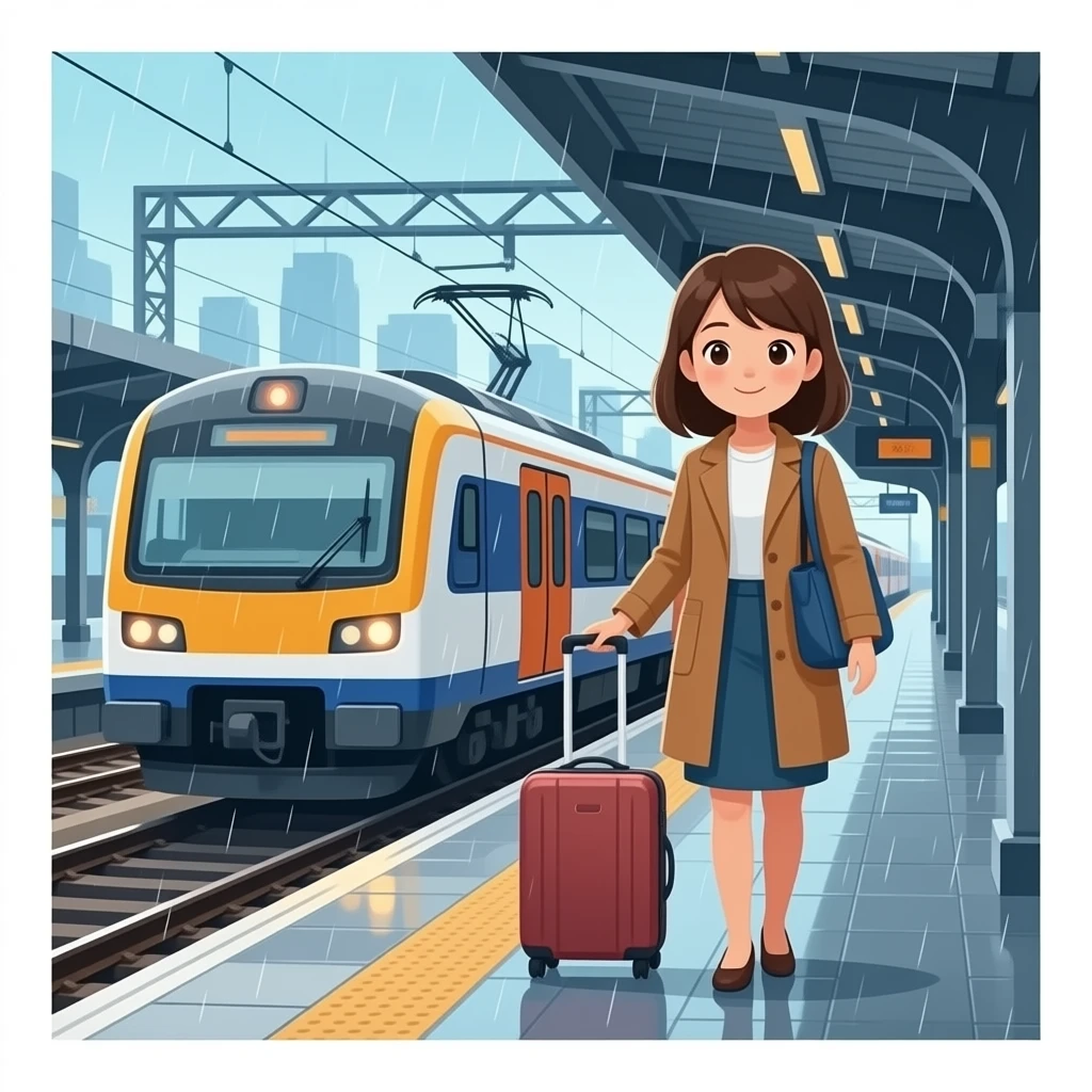 a woman with a suitcase at the train station emoji