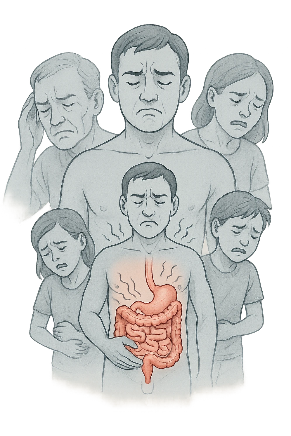 UNA SFILZA DI PARENTI TUTTE MALATE DI CANCRO AL COLON, SI TRAMANDO IL CANCRO NELLE GENERAZIONI, INTESTINO ANATOMICO VISIBILE ED ESPRESSIONE DI DOLORE IN VOLTO, MAL DI PANCIA emoji