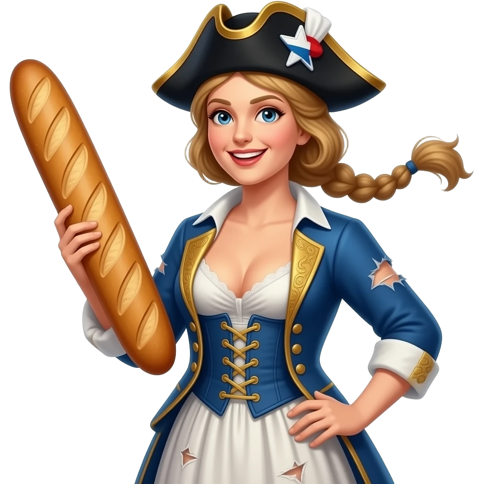 the historical French Marianne went wild in a tight corset with a large open neckline, torn dresses - with a rebellious Jacobin cap and a large French loaf emoji