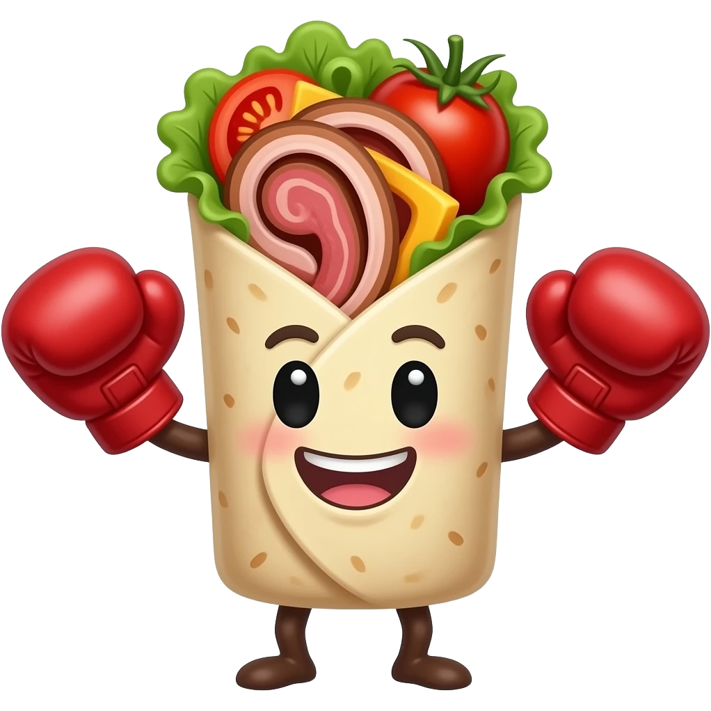 Doner kebab emoji, clearly visible layered kebab meat slices (not sausage), with salad, tomato and sauce, wrap visible, small boxing gloves, no arms or legs, cute competitive face, clean glossy emoji style emoji