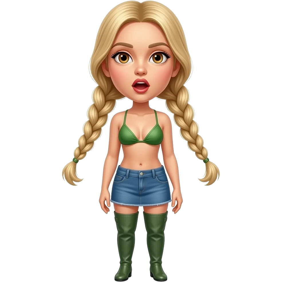 Sexy Austrian girl in green bikini top, short denim skirt with slim face, open mouth, brown eyes and blonde hair with tight pigtail braids and over the knee boots emoji
