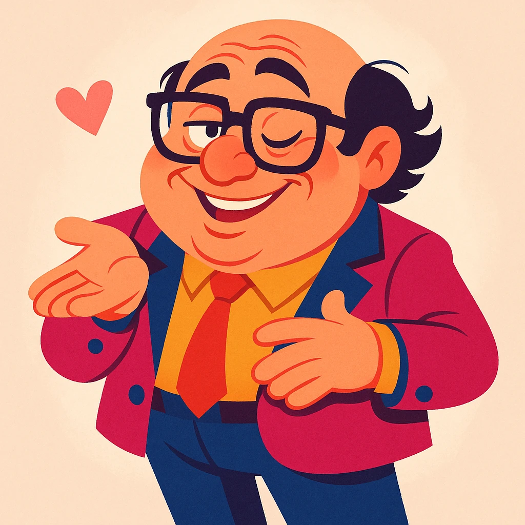 Danny DeVito as a suave, flirtatious cartoon, stylish outfit, playful smile, soft background emoji