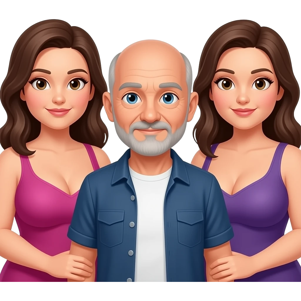 Handsome, bald,  man with goatee, age 57,  with 2 very full figured women  with larger breasts emoji