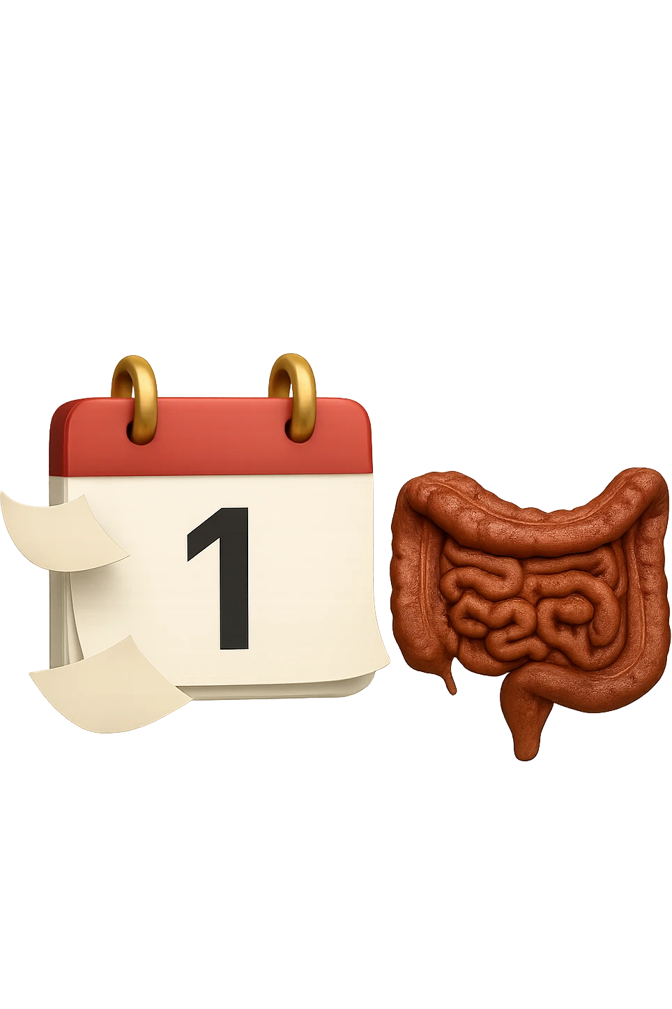 emoji stile iphone di un calendario con fogli che volano insieme a pezzi anatomici di colon umano, iperrealistico 4k, isolato su sfondo bianco emoji