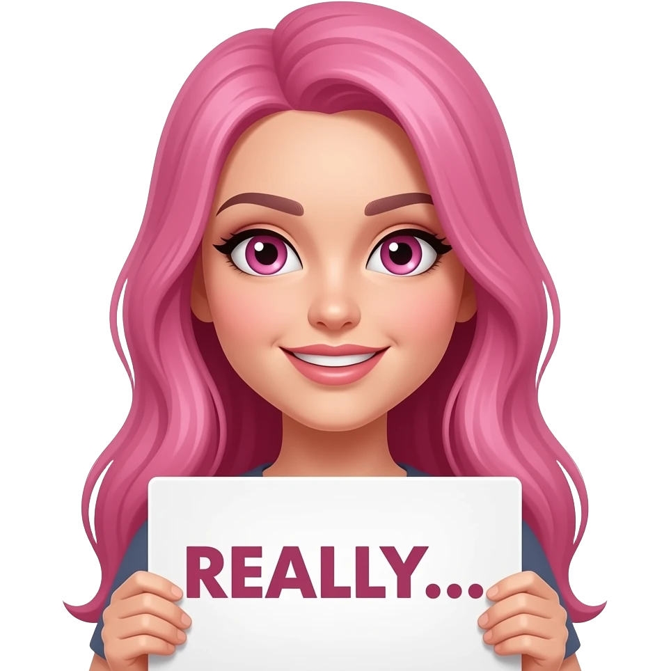sexy girl with long pink hair and pink eyes wearing a holding a REALLY... sign emoji