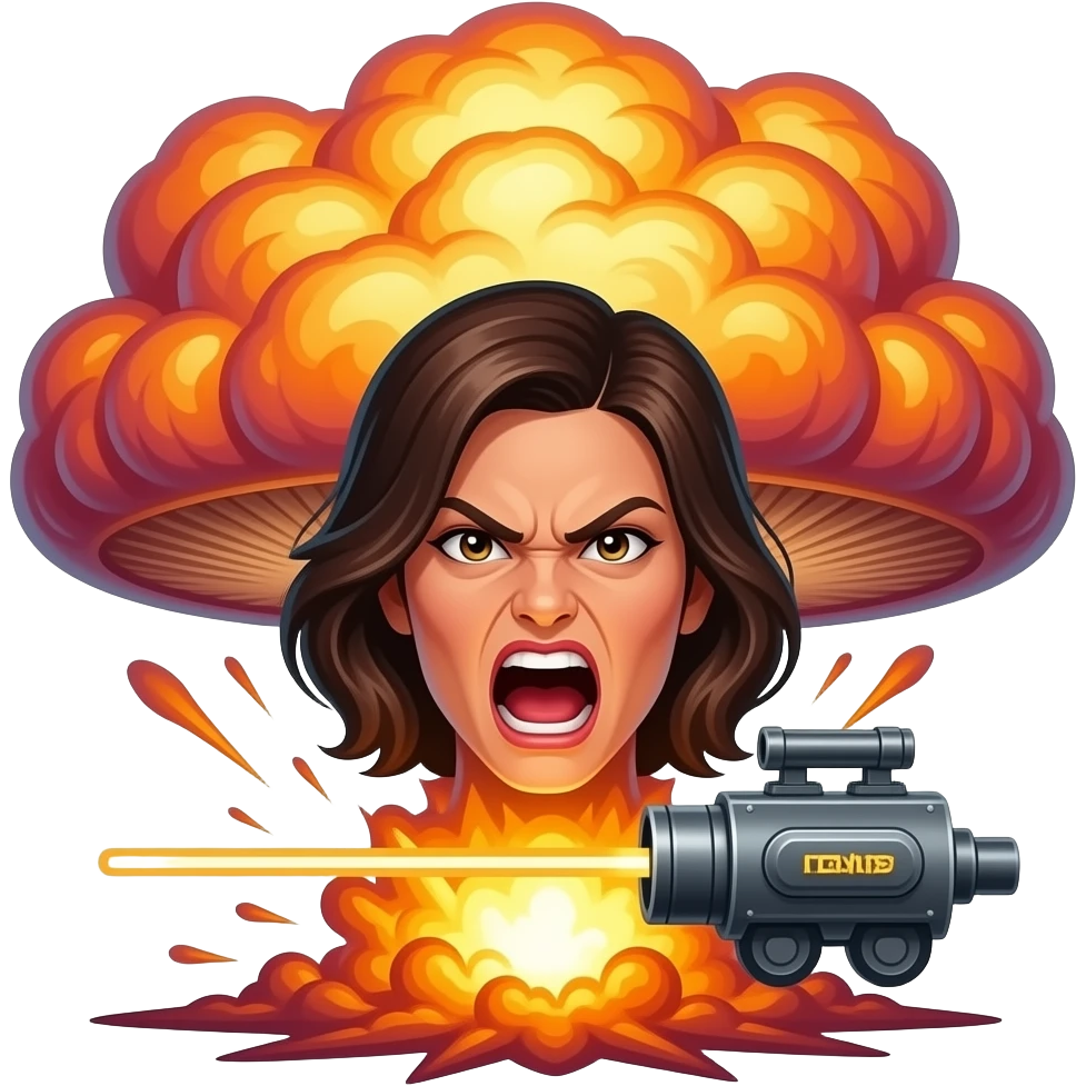 furious female face, Death Star laser cannon beam, giant explosion mushroom cloud, neon glow, dramatic lighting, emoji style, vibrant colors emoji