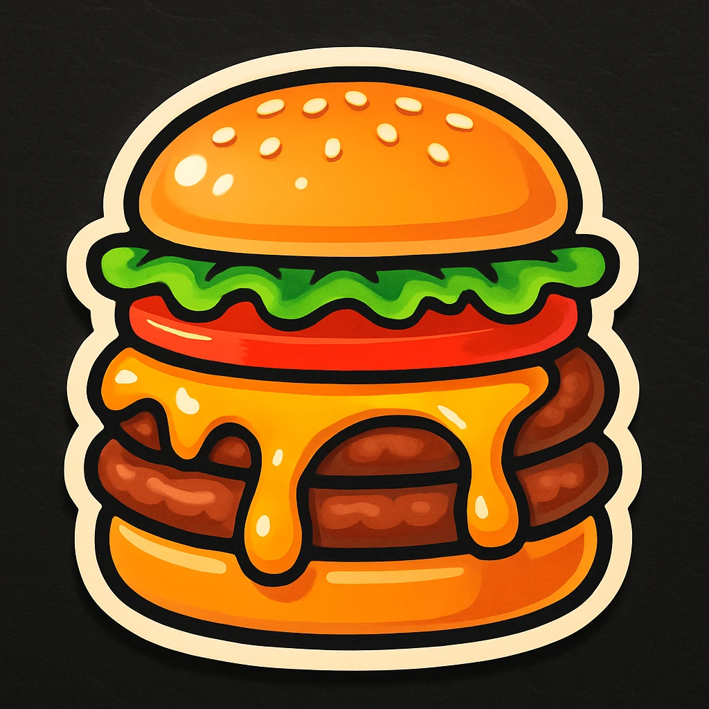 Add fresh green lettuce and juicy red tomato slices to the cheeseburger, keeping the cartoon emoji style, high detail, bright colors, and appetizing look. emoji