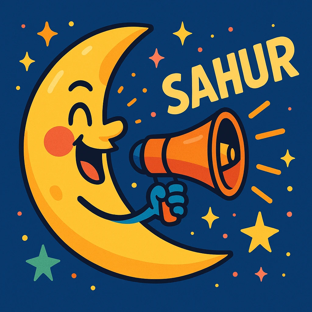crescent moon with a megaphone shouting 'Sahur', playful and lively, stars and sparkles, colorful cartoon style emoji