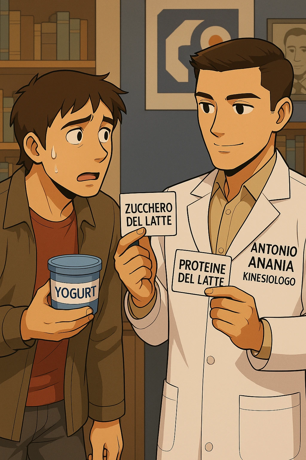 fai un webtoon manga a colori con questo stile, in cui un uomo ASCOLTA Il kinesiologo con il camice bianco (fagli anche la scritta "ANTONIO ANANIA" SUL CAMICE, IL KINESIOLOGO SPIEGA ALL'UOMO UNA COSA TENENDO DUE FOGLIETTINI IN MANO, UNO CON LA SCRITTA "ZUCCHERO DEL LATTE" E UNA CON LA SCRITTA "PROTEINE DEL LATTE". L'UOMO OSSERVA LO YOGURT CHE HA IN MANO CON ESPRESSIONE DUBBIOSA IN VOLTO. non fare i fumetti però, fai solo in modo che sembri stiano parlando emoji