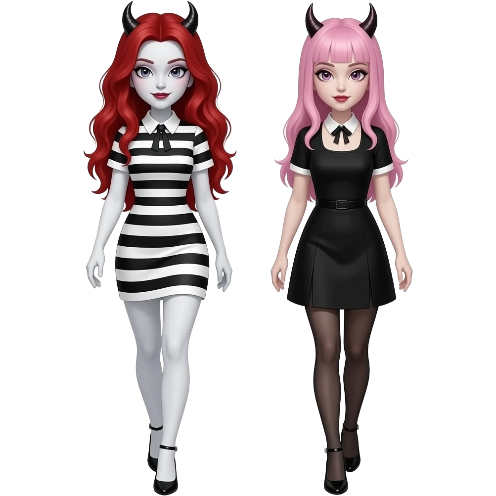 Vampiro femmina ADOLESCENTE con pelle bianca e capelli rosso ondulati lunghi che indossa un tubino a strisce NERE e BIANCHE orizzontali e il colletto con le maniche cortee bianche e dei tacchi neri che cammina insieme alla sua amica VAMPIRO femmina che ha i capelli rosa e frangia emoji