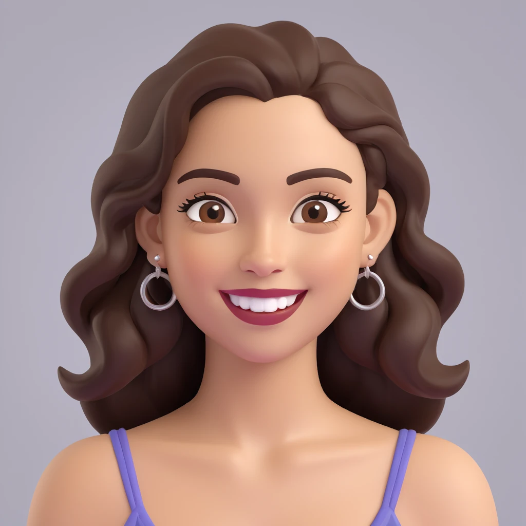 3D cartoon avatar in Memoji style young woman with light skin, cheerful smile, large almond-shaped dark eyes, thick curved eyebrows, long deep brown hair parted in the middle chin-length waves, silver hoop nose ring and earring on viewer's right, muted brown gradient background soft even lighting emoji