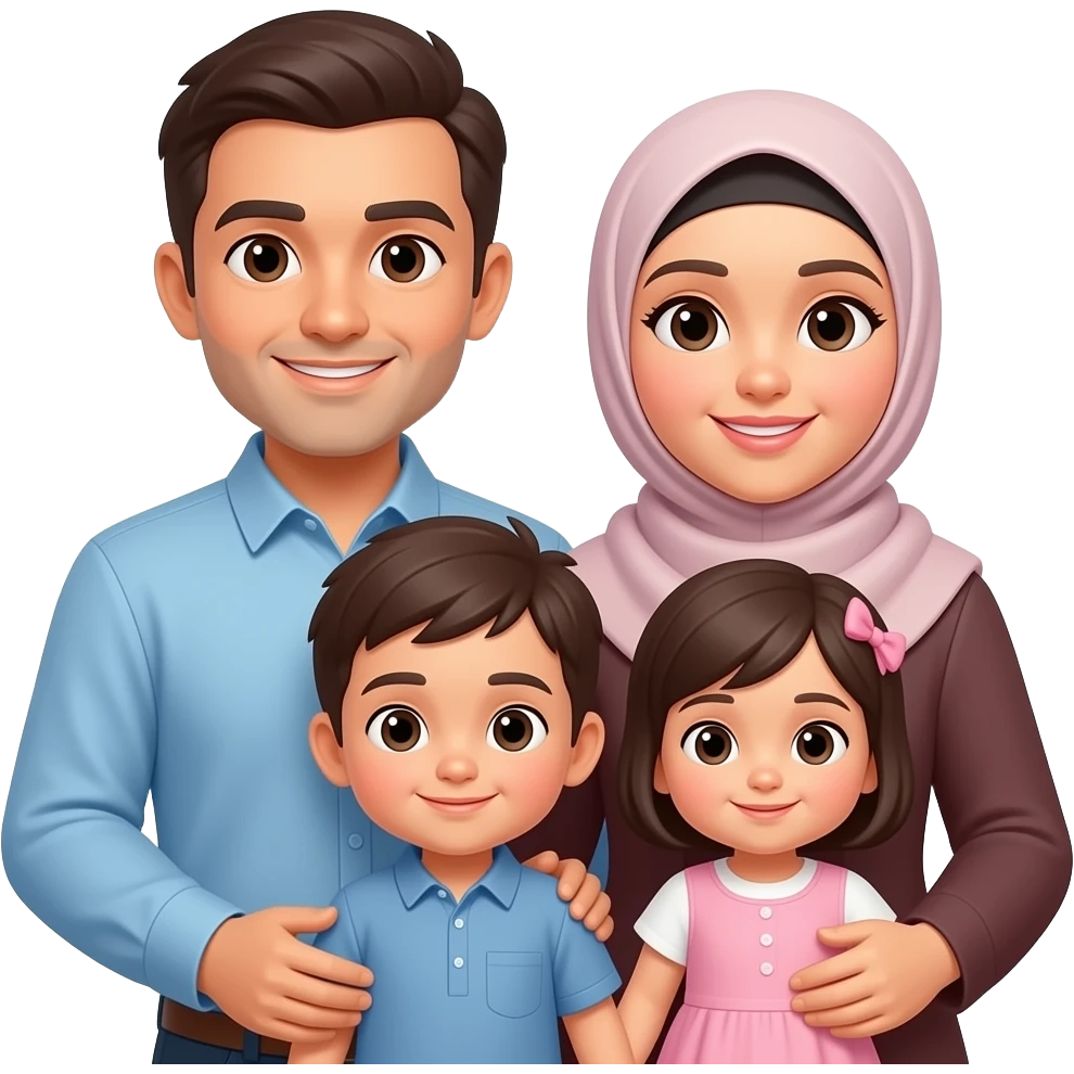 Family of four man woman 1 year old boy and baby girl but make the woman a hijabi emoji