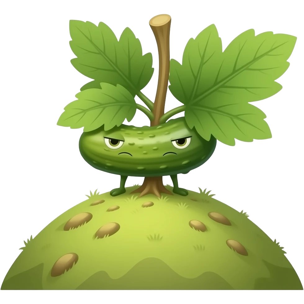 a pickle climbing a hill with a solemn expression, and a realistic stem emoji