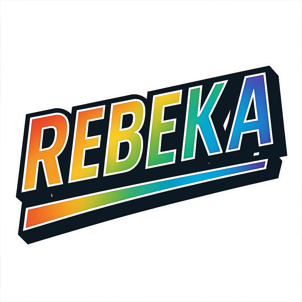 The name 'Rebeka' in modern, precise Hungarian letters with a rainbow gradient fill, extra thick white letter outline, dark contour, transparent background, dynamic slanted underline, styled like the sample images. emoji