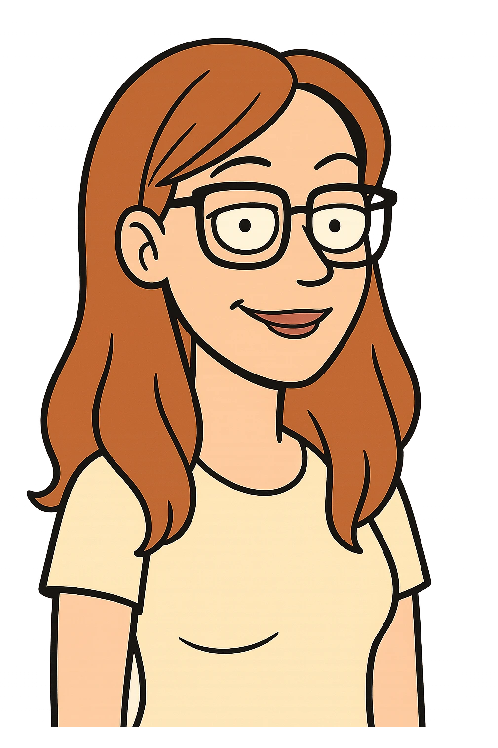 cartoon style portrait of a woman with long copper hair, fair skin, and glasses emoji
