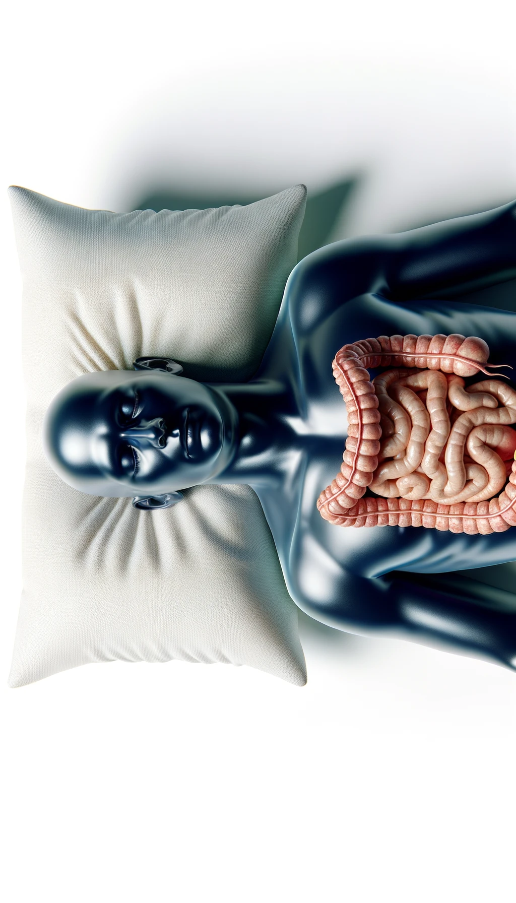 corpo umano anatomico con intestino in evidenza con la testa sul cuscino e gli occhi chiusi perché sta dormendo, visto dall'alto, iperrealistico 4k, isolato su sfondo bianco emoji