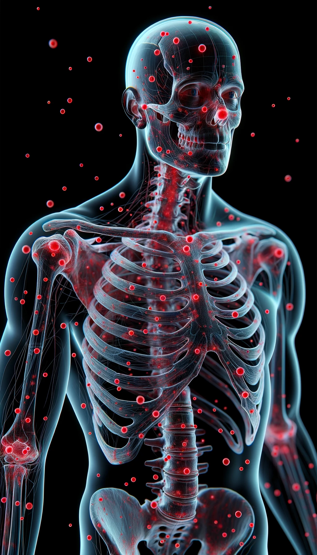 CORPO UMANO ANATOMICO CON RED SPOT DI INFIAMMAZIONE SPARSI SUL CORPO, iperrealistico 4k emoji