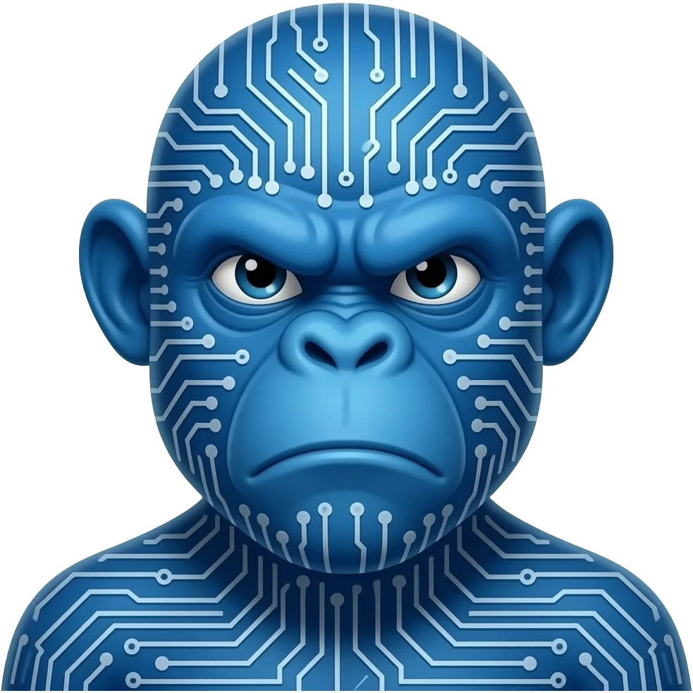 The image features a stylized ape-like and frowning portrait of Blaze Bayley with blue skin covered in computer circuitry. emoji
