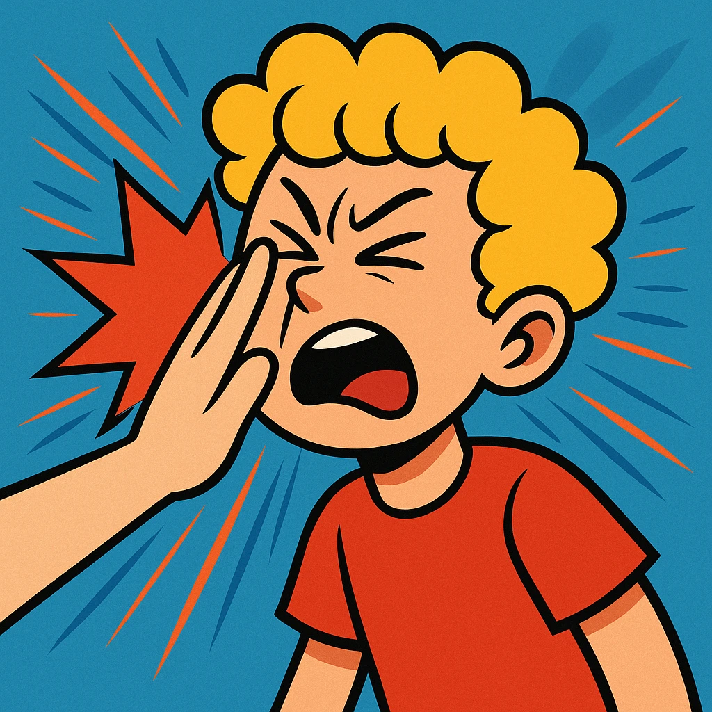 a blond white boy with curls getting slapped in the face, expressive cartoon style, dynamic motion lines, vibrant toon style emoji