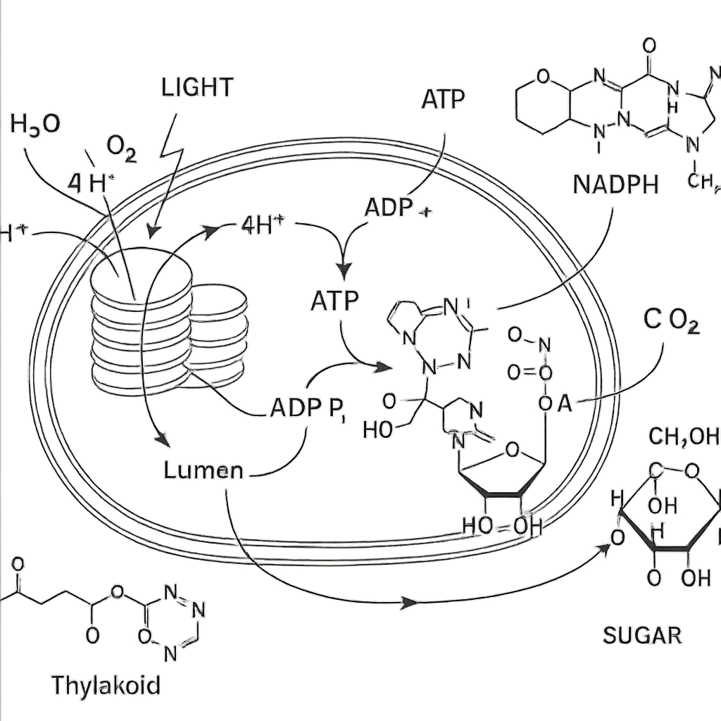 highly scientific, detailed, and labeled illustration of photosynthesis with molecular detail, showing ATP, NADPH, and all relevant molecules, no background, transparent emoji