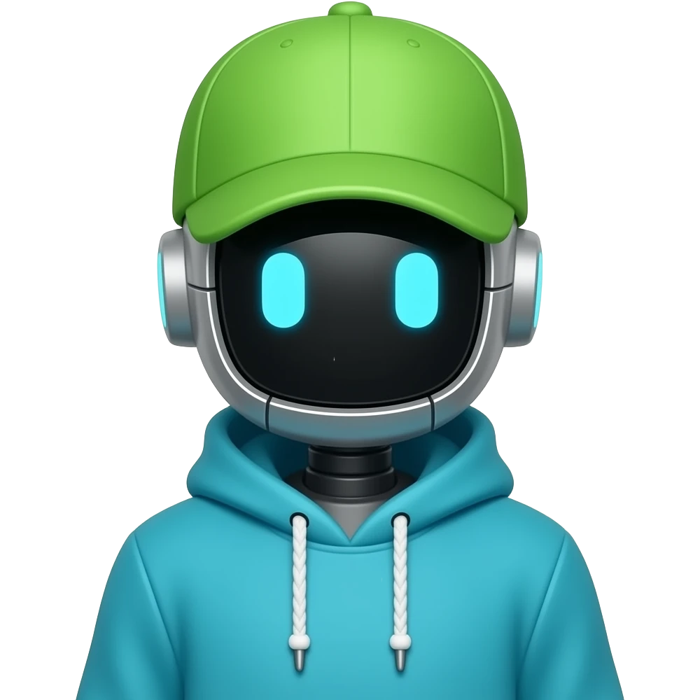 Robot in cyan and lime hoodie cap emoji