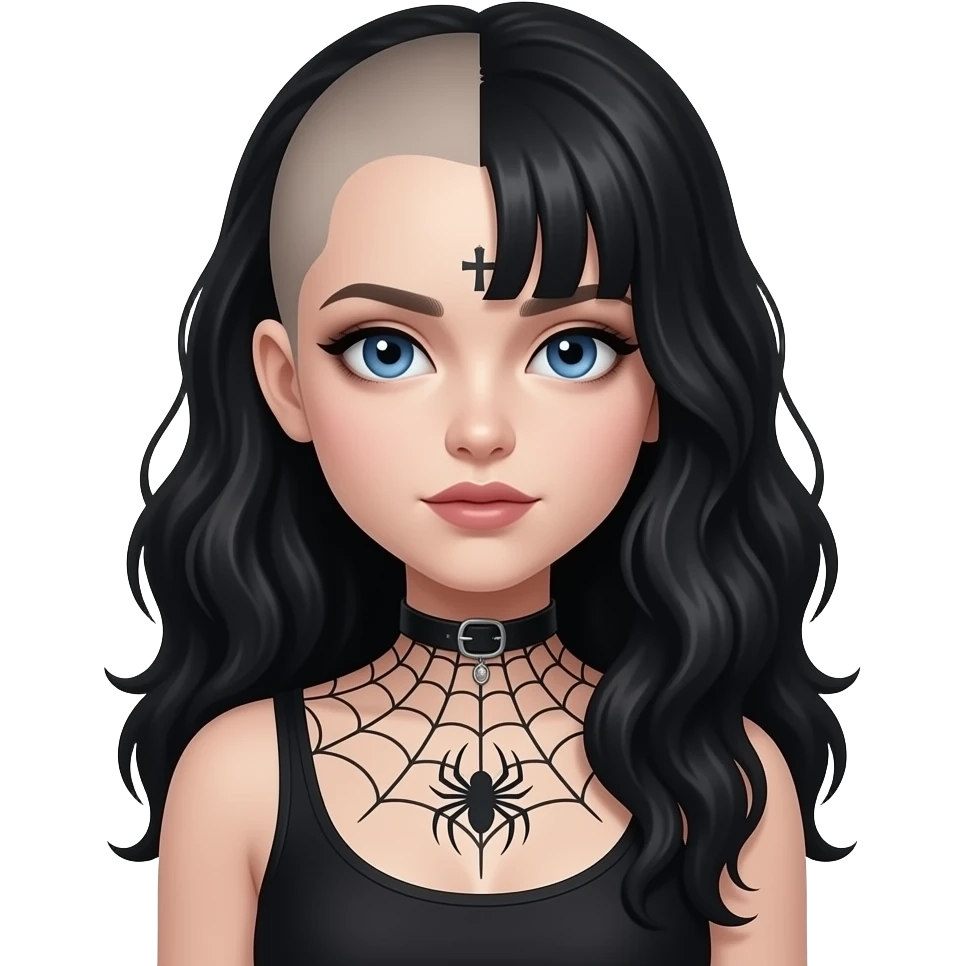 Goth girl with half of her hair shaved, the unshaved part is really long and wavy and blue eyes she has a spiderw3d tattoo on her chest and a small cross tattoo on her temper emoji