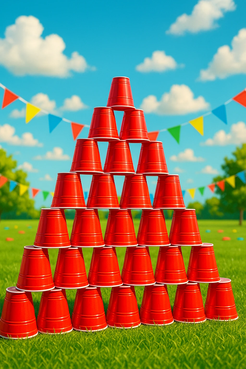 an Egyptian pyramid with red plastic party cups, playful and fun emoji