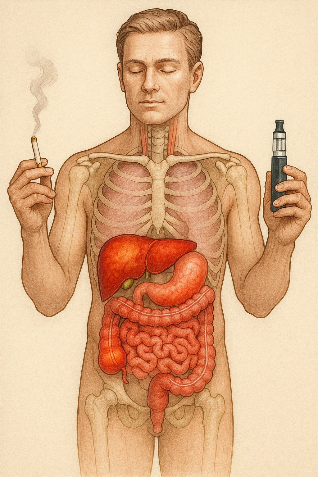 FANNE 10 CON LO STESSO IDENTICO STILE DEL CORPO UMANO CHE HO ALLEGATO , MA USANDO QUESTO COMANDO: A MEDICAL ILLUSTRATION OF A REALISTIC human body WITH INFLAMMED LIVER AND INTESTINE IN EVIDENCE, HOLDS A LIGHTED NORMAL CIGARETTE IN HIS RIGHT HAND, AN ELECTRONIC CIGARETTE IN HIS LEFT HAND emoji