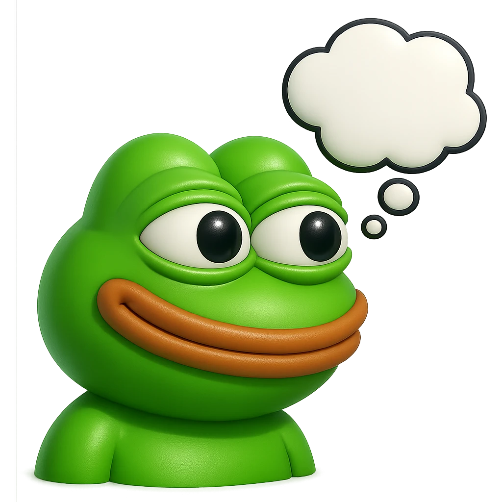 make a pepe in bright green smiling with thought bubble looking at right side in 3d style, good highlights and shadows, drop shadows emoji