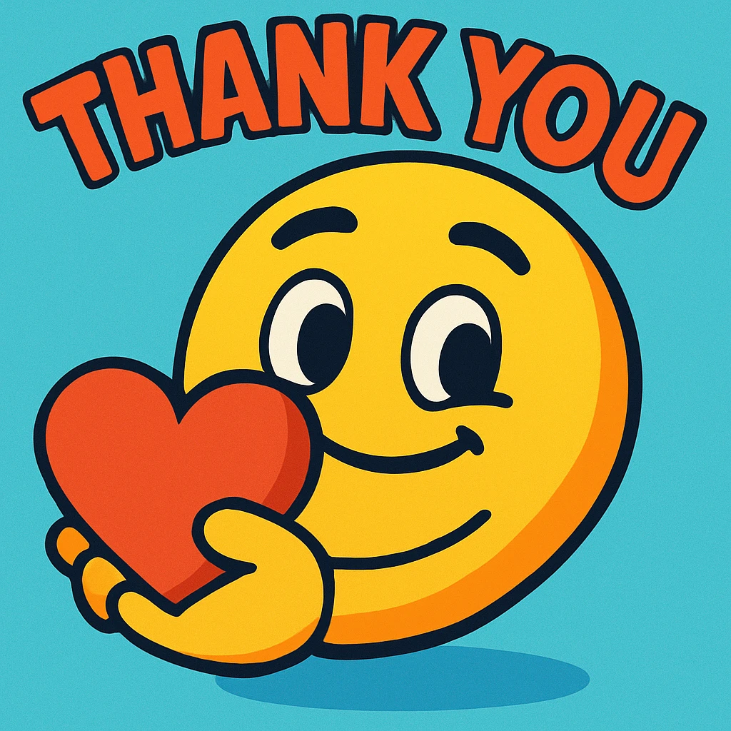 vibrant cartoon emoji giving a heart with 'thank you' text emoji