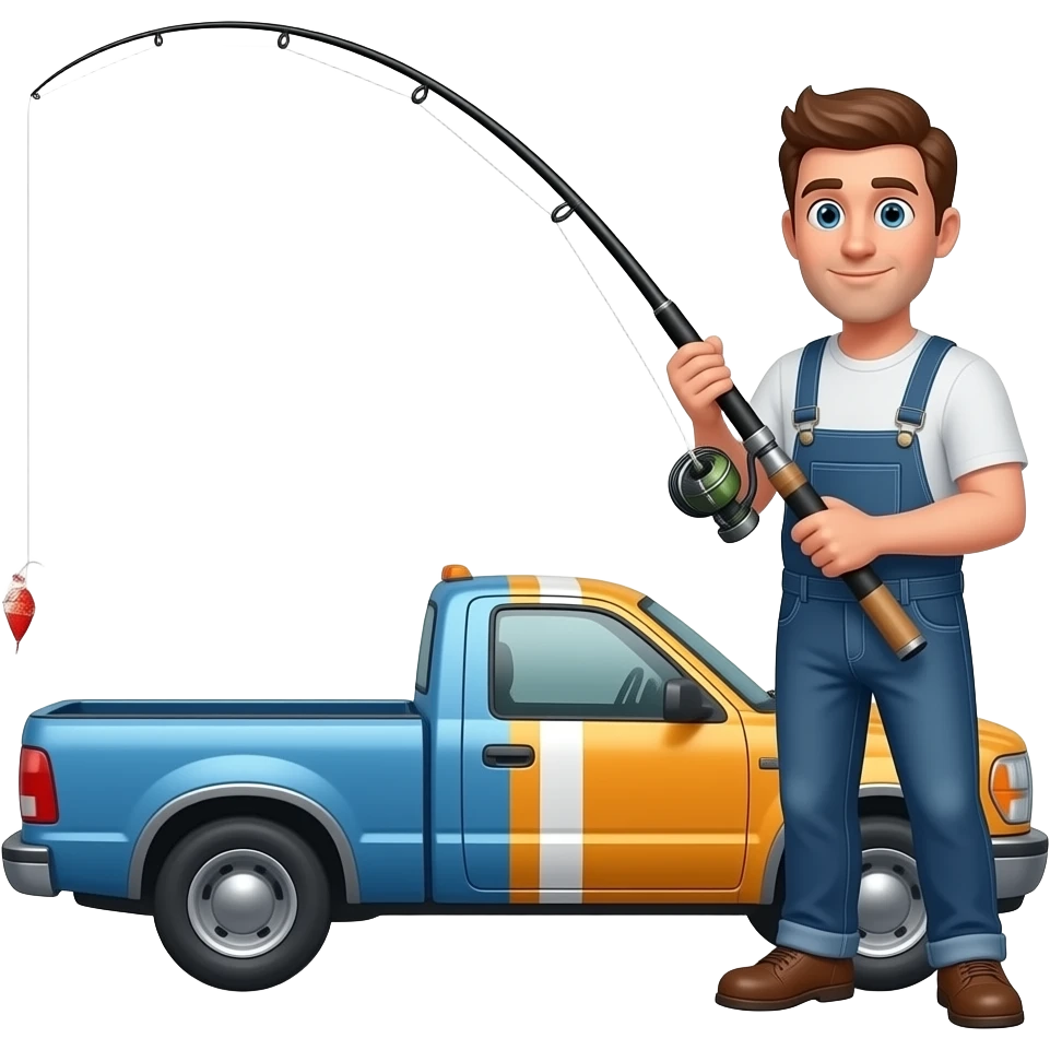 a guy with a huge bent fishing rod standing behind it with the line attached to a truck emoji