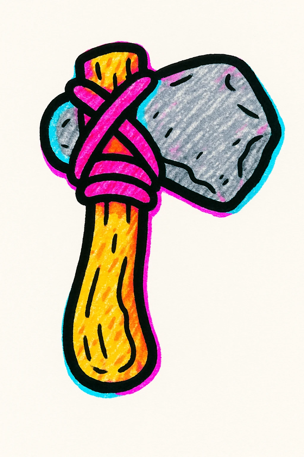conpep-style cartoon illustration of a Stone Age hand axe, with a textured wooden handle, thick rope binding, and a rough gray stone blade. Centered on white, with soft shadows and glossy highlights for a 3D emoji look. emoji