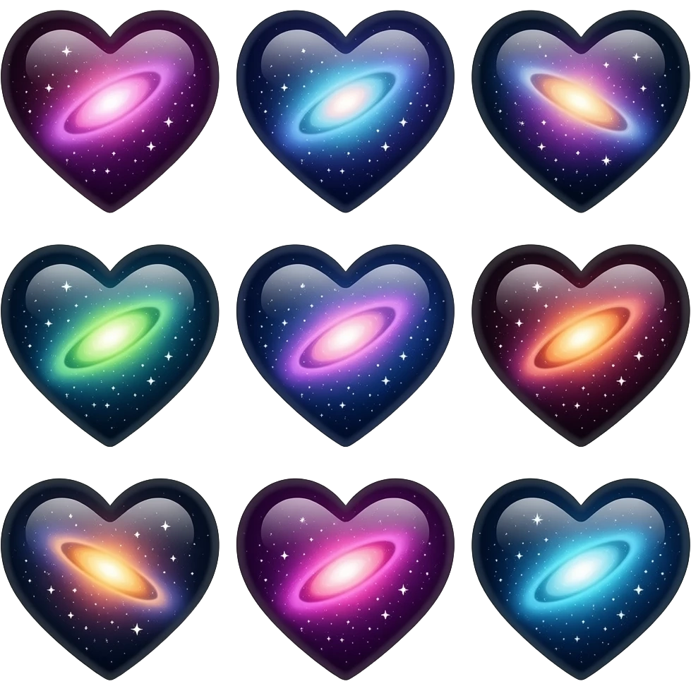 loads of different coolest galaxy hearts but all different colours nebula and stuff emoji