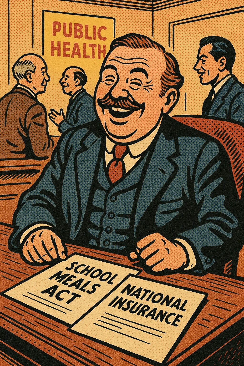 A happy Victorian politician from the early 1900s sitting at his desk.  On his desk are documents.  One document reads 'School Meals Act' and another document reads 'National Insurance'.  In the background of his office are other politicians with a poster on the wall reading 'Public Health' emoji