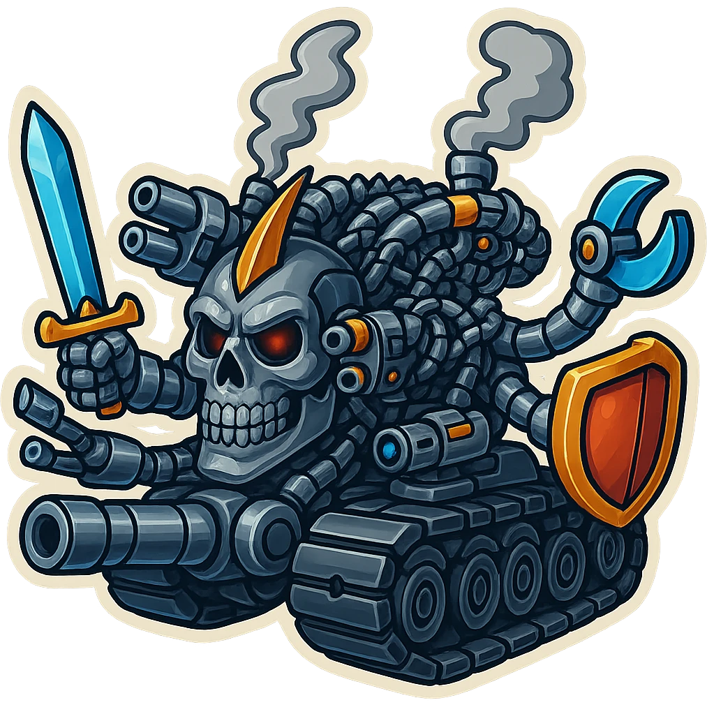Edit the skull robot tank to have 4 distinct arms, each hand holding a different weapon such as a sword, blaster, claw, and shield. All metal parts should be shiny greyscale, with some non-metal elements having vibrant color accents. The style is retro stickers with a clean outline. The proportions should be compact and not tall, with a transparent background. emoji