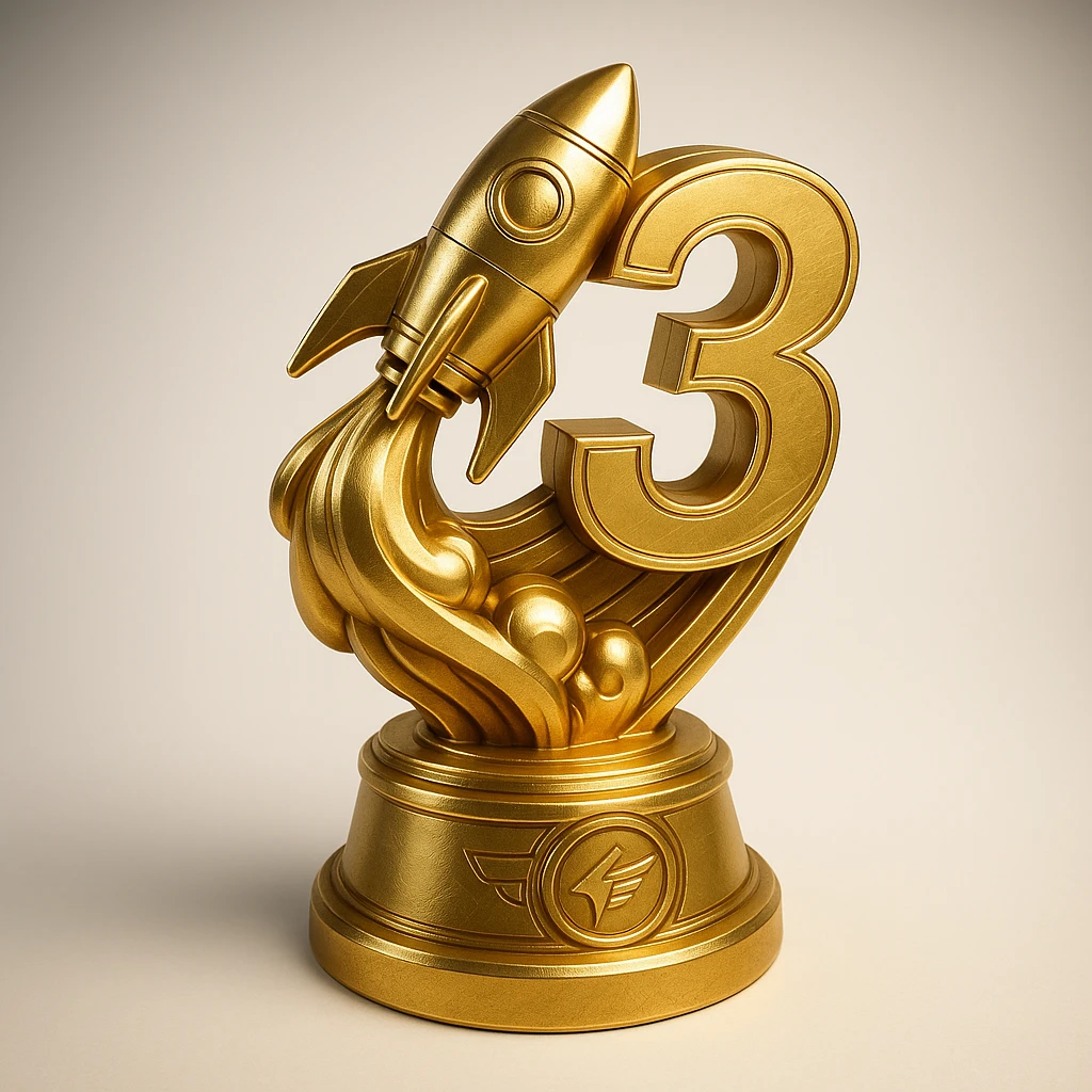 gold trophy with a rocket blasting off and the number 3, dynamic and game-inspired, vibrant and energetic style emoji